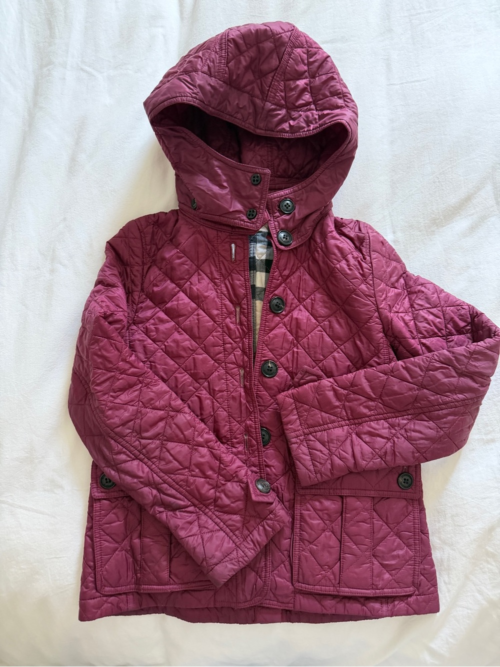 Burberry Quilted Hooded Puffer Jacket in Berry Plum